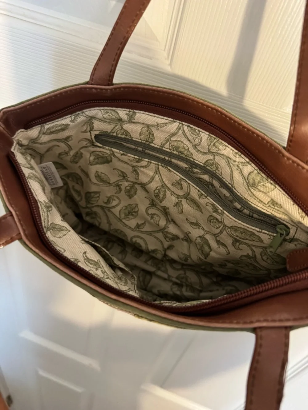 Longaberger Olive Suede Tote Bag with Embroidered Picnic Design - Picture 4 of 4